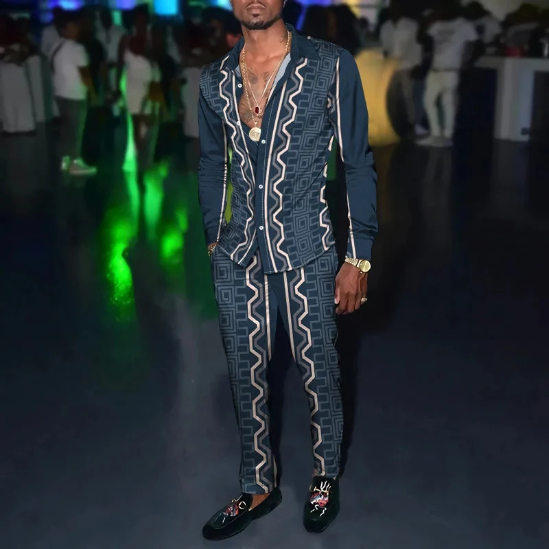 Retro Harajuku Mens Shirt Set 3D Printed Casual Breathable Collar Long Sleeve Pants 250224Z