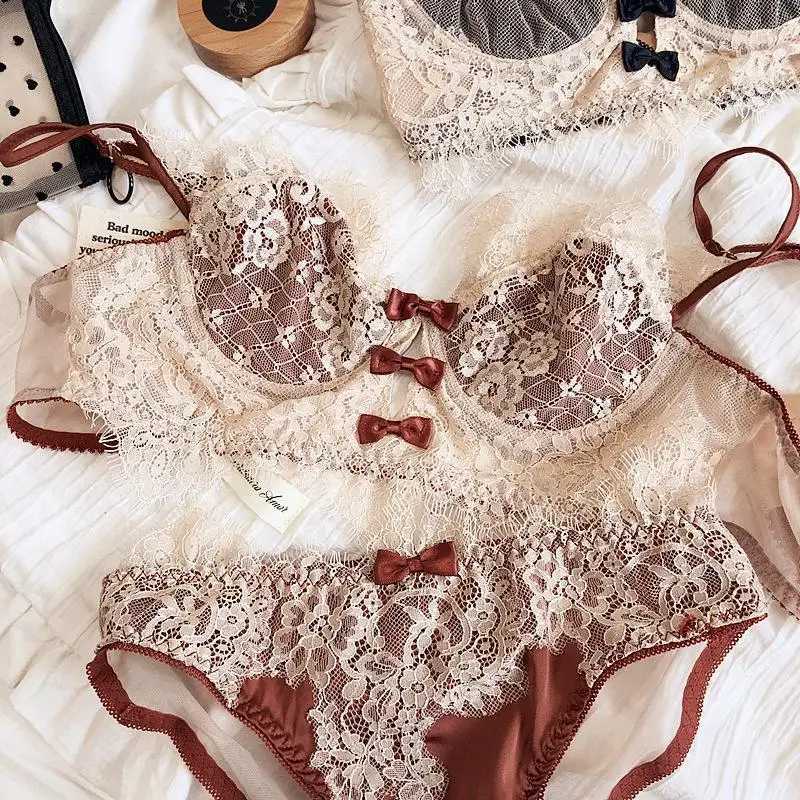 French sexy eyelash lace lingerie set with large chest and small push up anti sagging braXJ250301