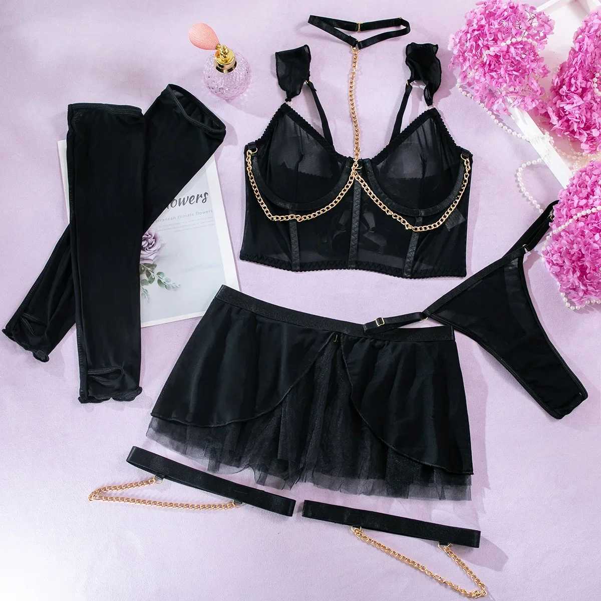 Sexy Pure Desire Mesh Underwear Perspective Skirt Chain Hanging Neck with Gloves Transparent Four Pieces Female See Through BraXJ250301