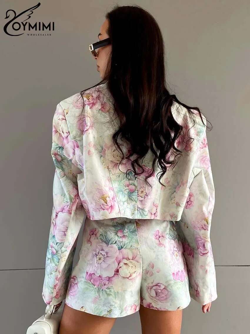Oymimi Causal Pink Print 2 Piece Sets Women Outfit Elegant Long Sleeve Double Breasted Crop Shirts And Side Slit Mini Skirts Set