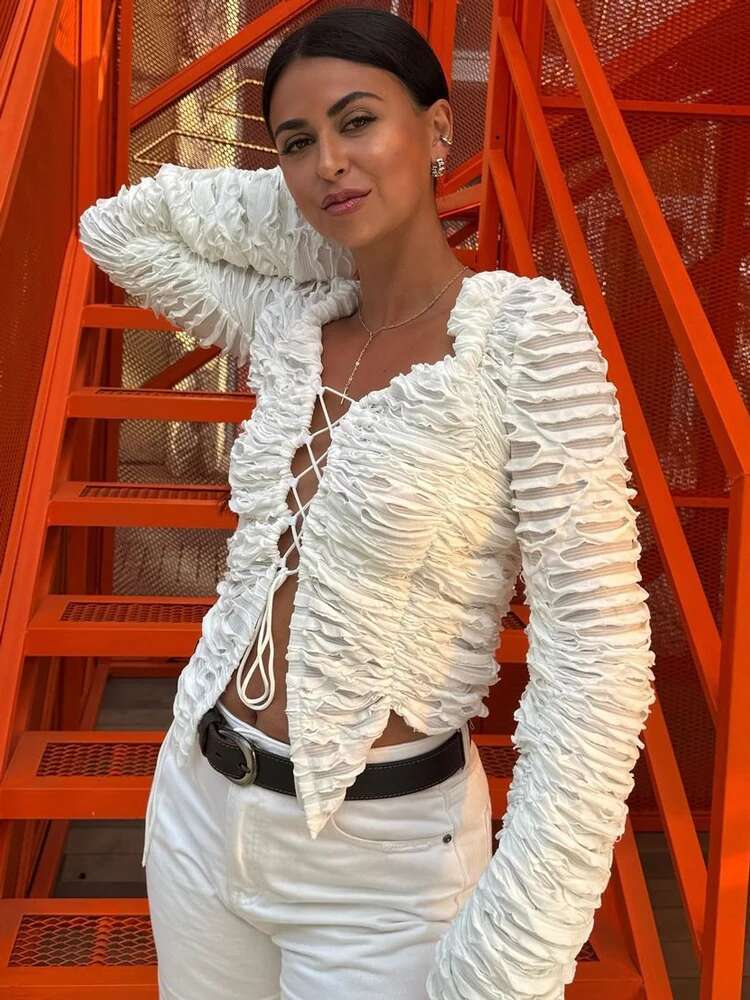 Tossy Autumn Fashion Ruffled T-shirt Cropped Top Female Hollow Out Lace-Up Patchwork Loose Outwear White Women Bandage Tee Coat
