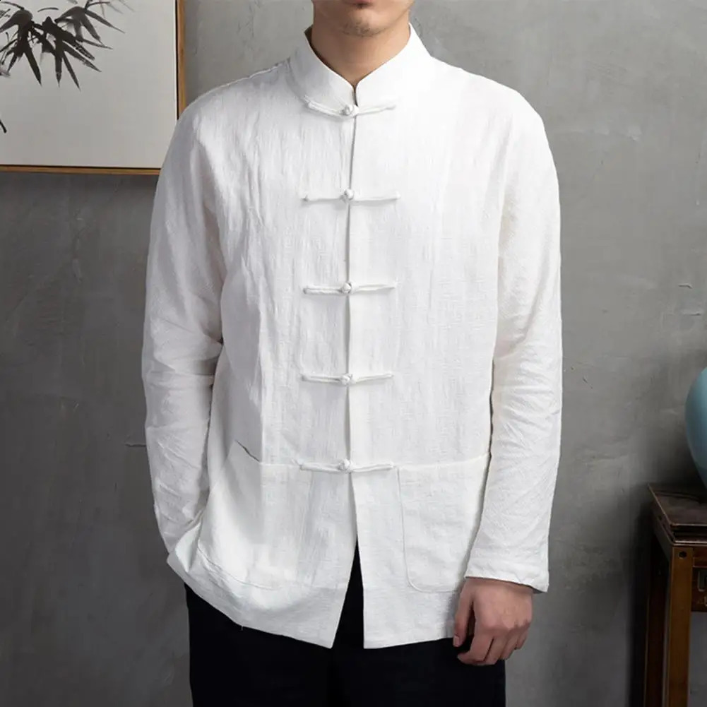 Solid color stand up collar shirt traditional Chinese mens shirt Wenhua collar long sleeved shirt suitable for Kung Fu 250225