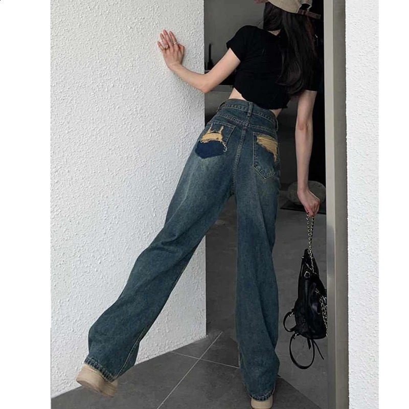 Wide Leg Jeans For Women High Waisted Contrasting Straight Leg Pant Autumn lady Loose Pants Streetwear 250225