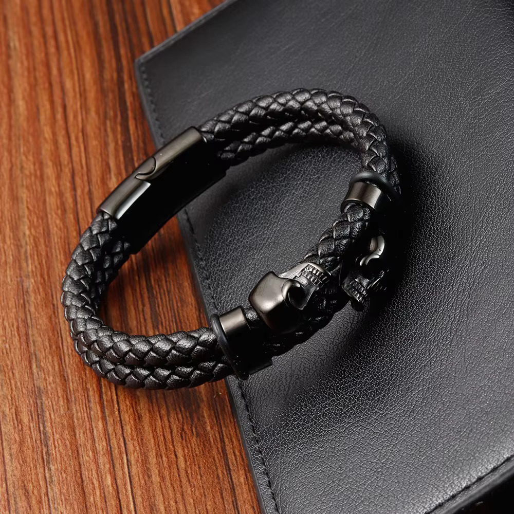 Trendy New Style Bangle Stainless Steel Magnetic Clasp Skull Head Black Braided Genuine Leather Charms Male Mens Bracelet