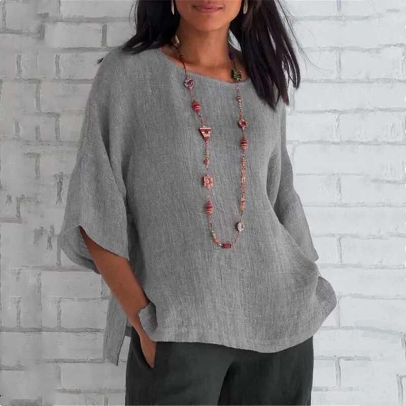 Cotton Shirts O-Neck Three Quarter Loose Casual en Blouse Tops Summer Cothes For Women Streetwear