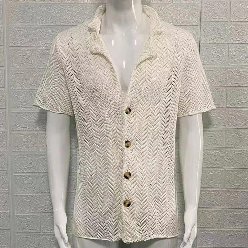 Summer hollow knitted ultra-thin polo neck short sleeved top for casual mens wear Y2K item 250224