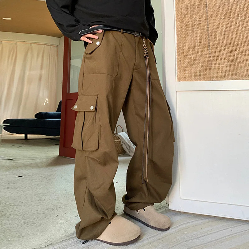 Korean Style Mens Y2k Traksuits Brown Wide Leg Baggy Cargo Pants Japan Tech Wear Trousers Sweatpants Straight Track Pants 250225