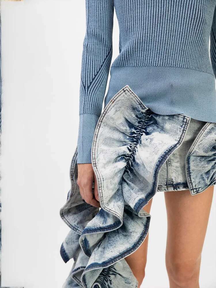 Colorblock Denim Skirts For Women High Waist Patchwork Ruffles Vintage Slimming Skirt Female Fashion Clothing Style