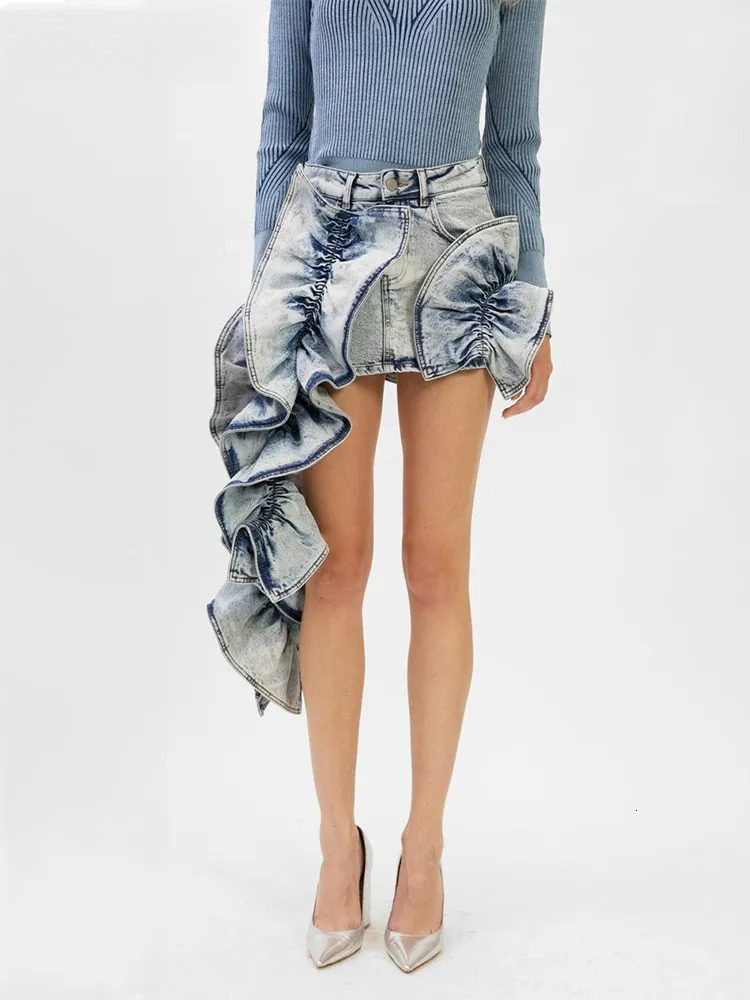 Colorblock Denim Skirts For Women High Waist Patchwork Ruffles Vintage Slimming Skirt Female Fashion Clothing Style