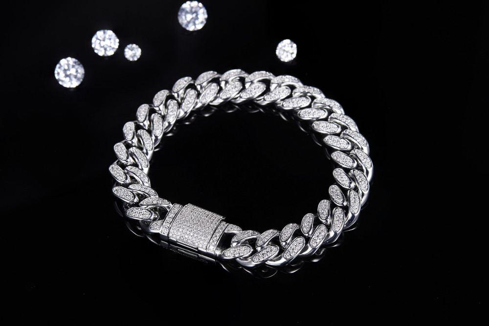 Ready to ship 12mm Moissanite sier Cuban bracelet men's platinum plated ice chain hip-hop gift