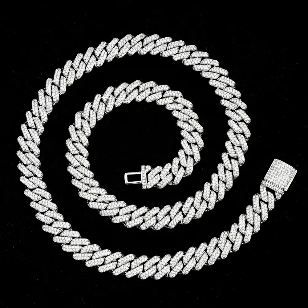 Stocks Fine Jewelry Moissanite Necklace 925 Sterling Silver 12mm Width White Color Moissanite Cuban Link Chain Hip Hop Jewelry