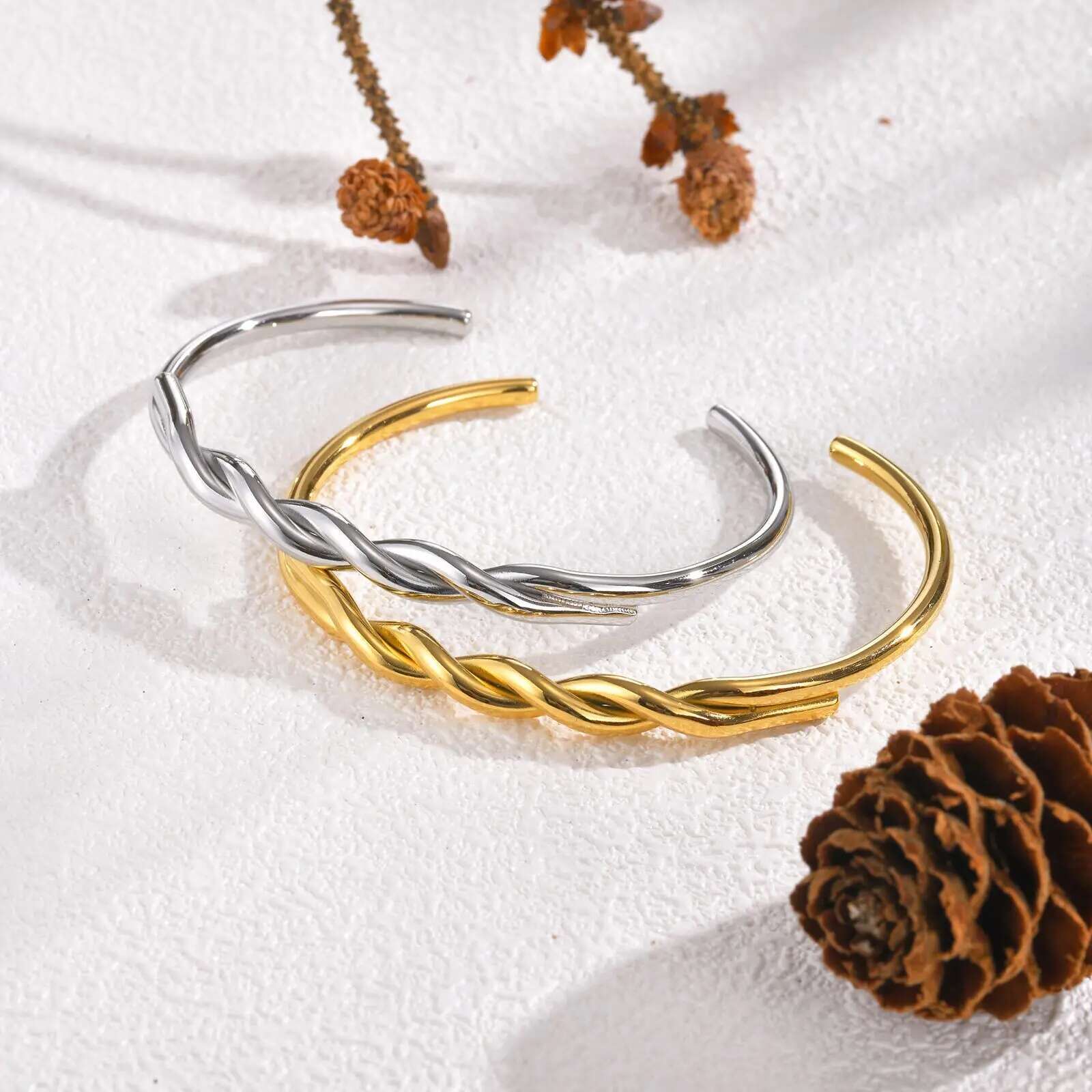 Twist Cuff Bangle, Stainless Steel Bracelet Gold Plated Minimalist Jewelry, Open Bangles for Womens Girls
