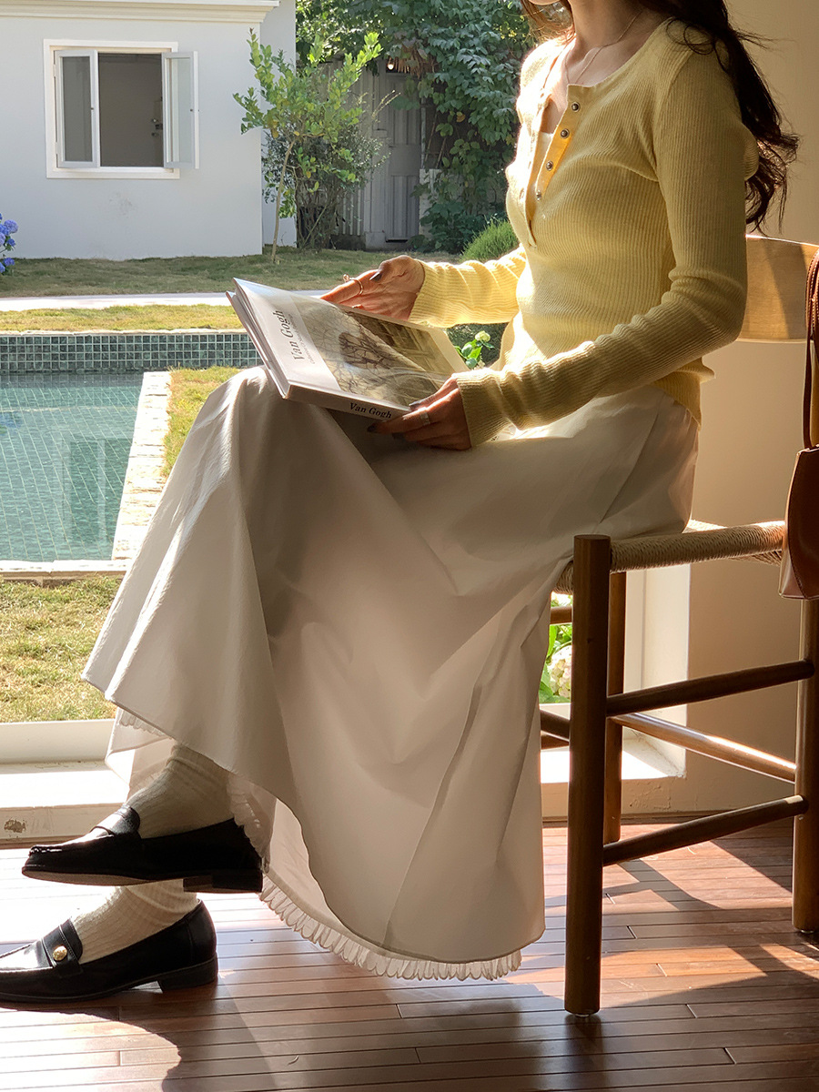 MU198 skirt women spring 2025 new Korean style elastic high waist slim all-match cotton a-line long skirt