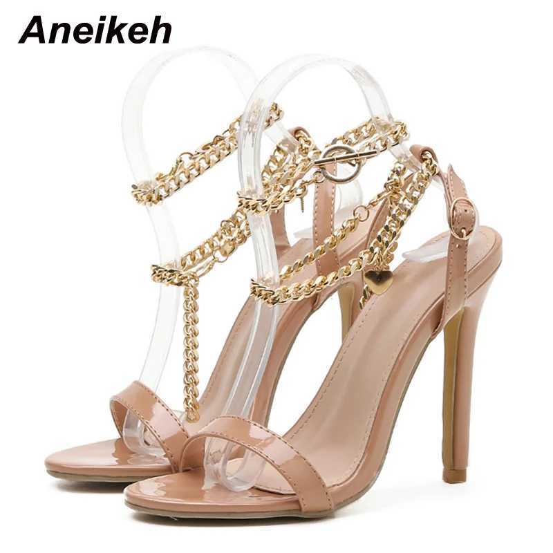 Aneikeh Sexy PU Shallow High Heel Sandals Wen Hot Summer 2025 New NEW Pointed Toe Metal Chain Shoes Fashion Buckle Strap Party Sewing Z250301