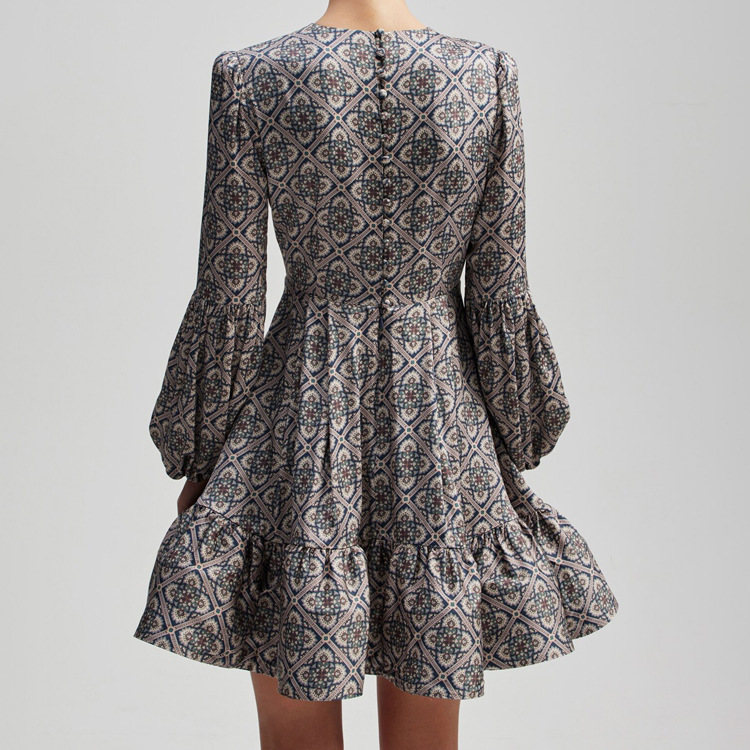 New4 Early Spring New Ethnic Style Round Neck Slim Fit Printed Skirt Tea Break French Long Sleeved Dress For Women