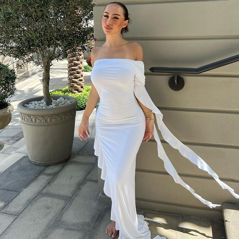 Women's New Summer New Fashion Personalized One Shoulder Pleated Solid Color Slim Fit Dress