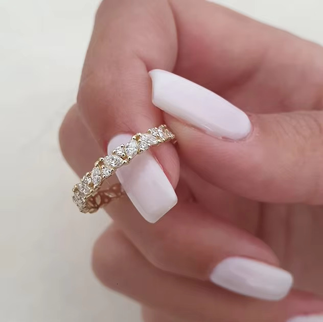 Custom Trendy Ring Jewelry Gold Plated Cubic Zirconia Eternity Ring Promise Diamond 925 Sterling Silver Engagement Wedding Ring