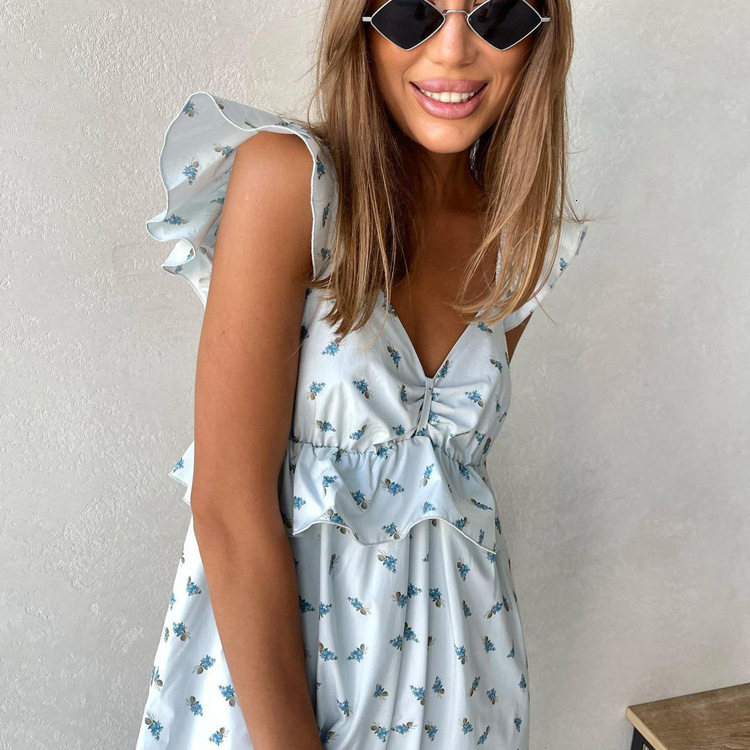 Women's New3 Summer New Ruffle Print Casual Fashion V-Neck Open Back Long Dress