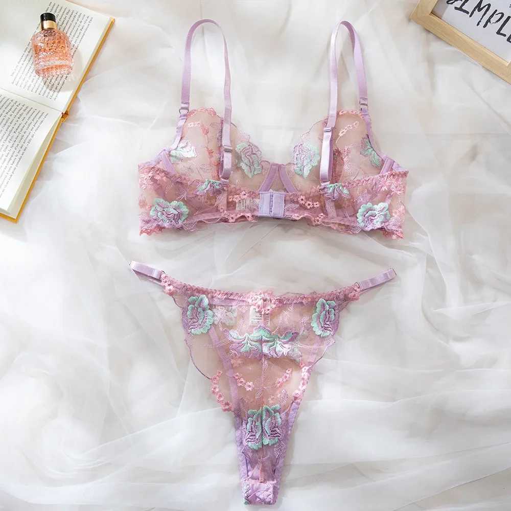 Womens Sweet Transparent Bra Set Sexy Lace Single Layer Thin Embroidery Lingerie Soft Steel Ring Gathering Perspective UnderwearXJ250301