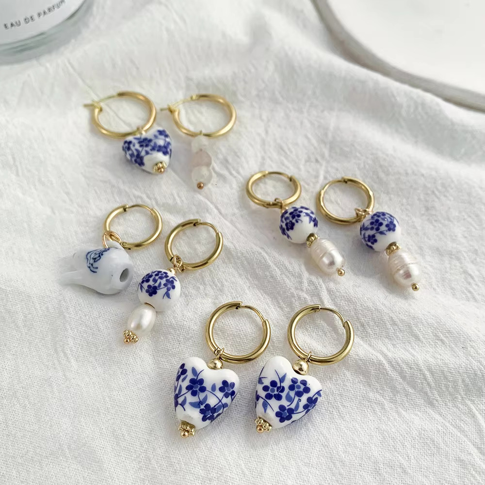 Women's Vintage 3D Hand Painted Blue and White Ceramic Bead Pendant Earrings Stainless Steel Ring Ear Hoops