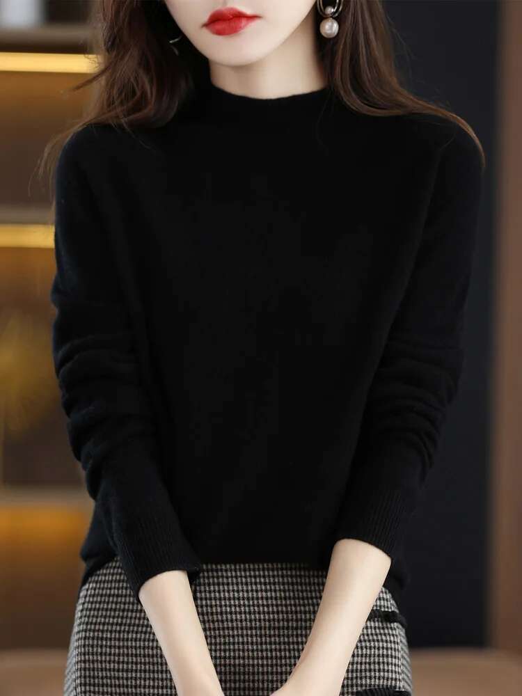 2025 Autumn Winter Solid Mock-neck Pullover Sweater For Women Casual Knitwear Female Clothing Basic Soft Tops