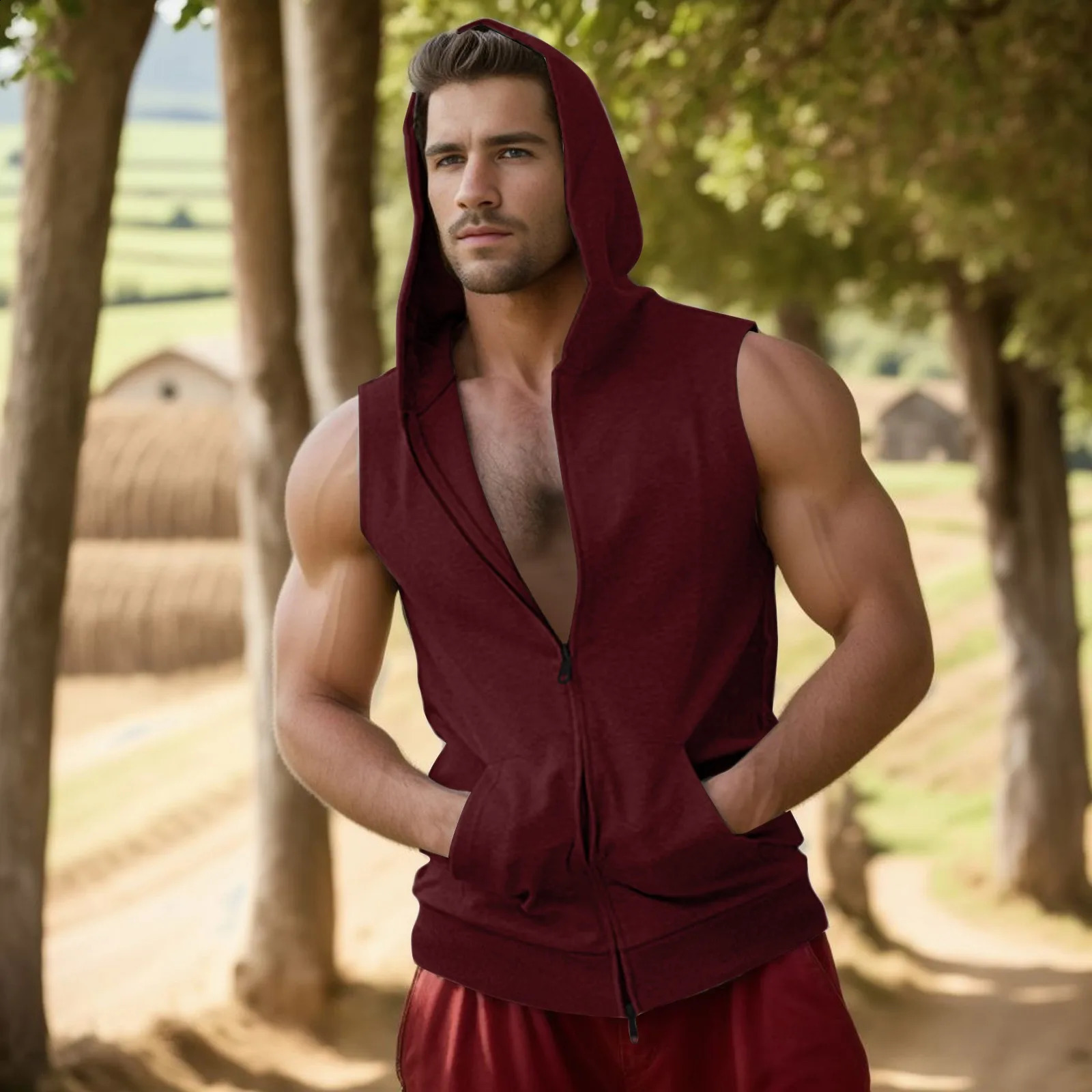 Sleeveless vest mens sports top hooded zipper shirt vest casual shirt mens fitness vest pocket Ropa Hombre 250225