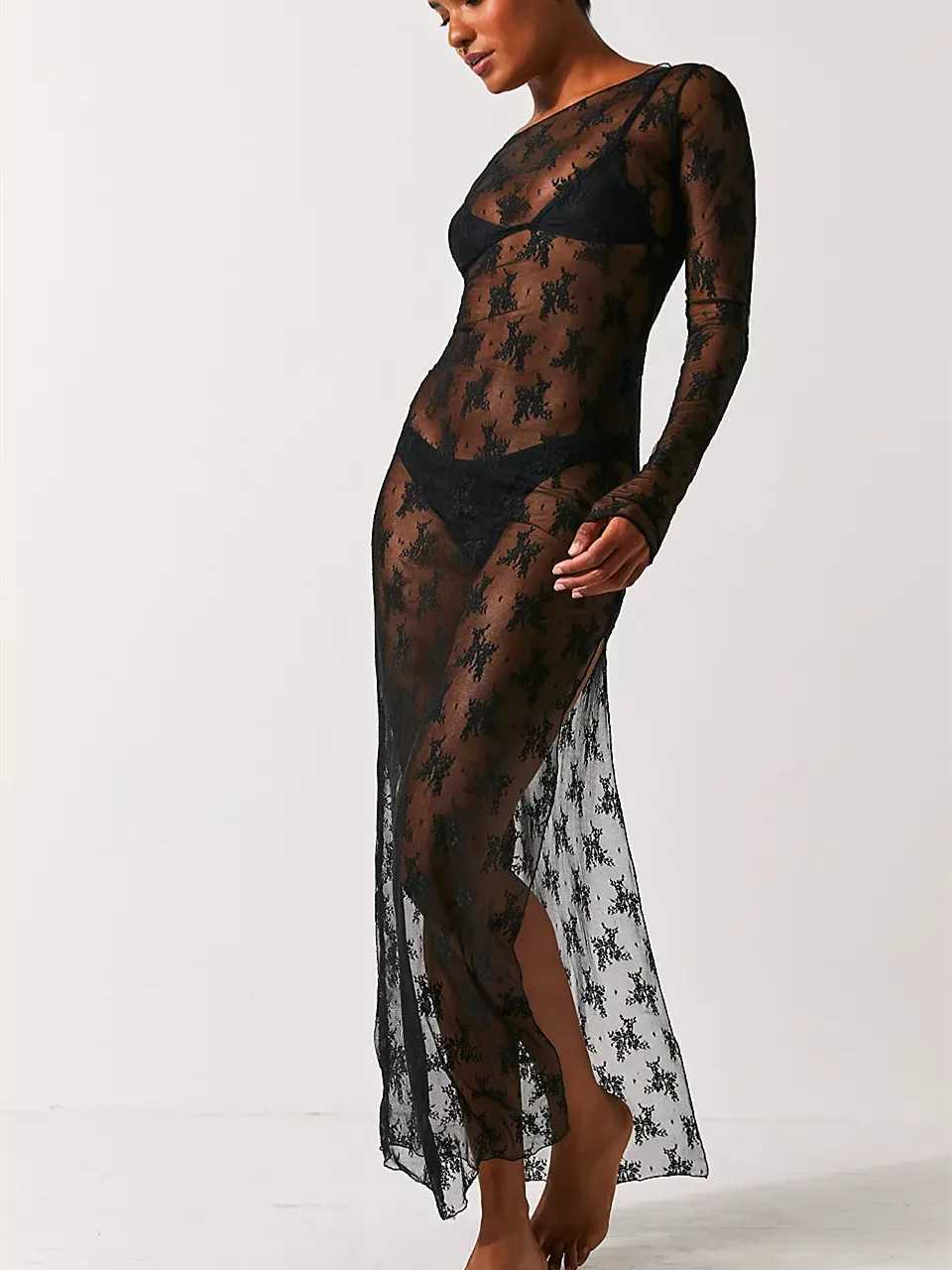 Basic Casual Dresses city Womens Y2K Sheer Lace Maxi Dress Long Sleeve See Through Mesh Floral Lace Split Bodycon Dress Beach Coverups Party Dress J25