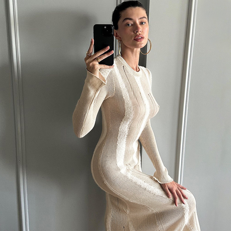 Women's 2023 Autumn/Winter New Fashion and Sexy Wool Weaving Hole Slim Fit Long Sleeve Dress