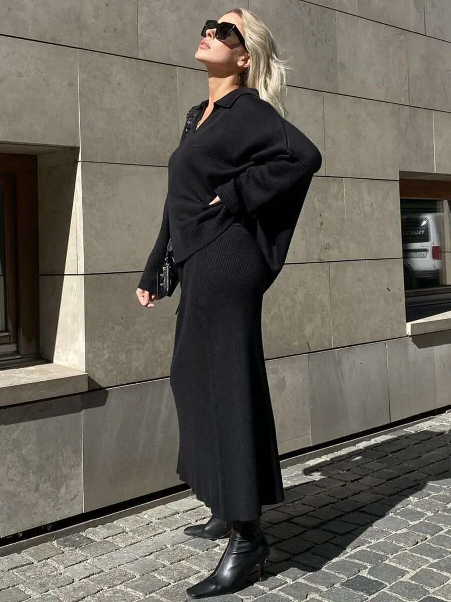 Autumn Winter Women V-Neck Sweater Skirt Fashion Solid Basic Pullover Top Warm Loose Knitted 2-Piece Set