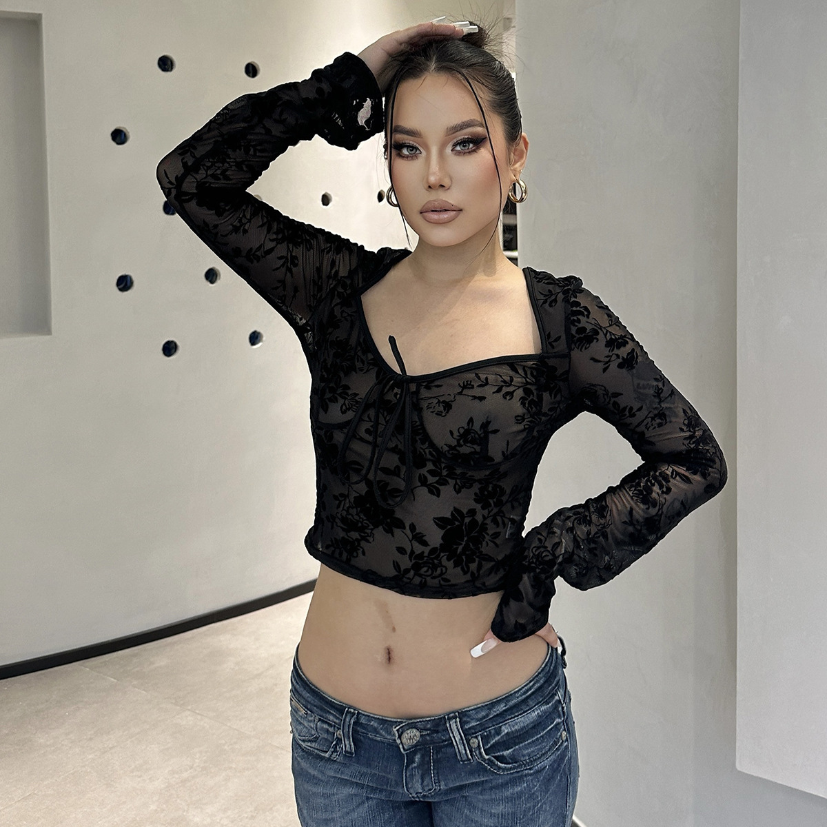 Women's Clothing New Summer New Product Fashionable And Sexy See Through Mesh Slim Fit Long Sleeved T-Shirt Top