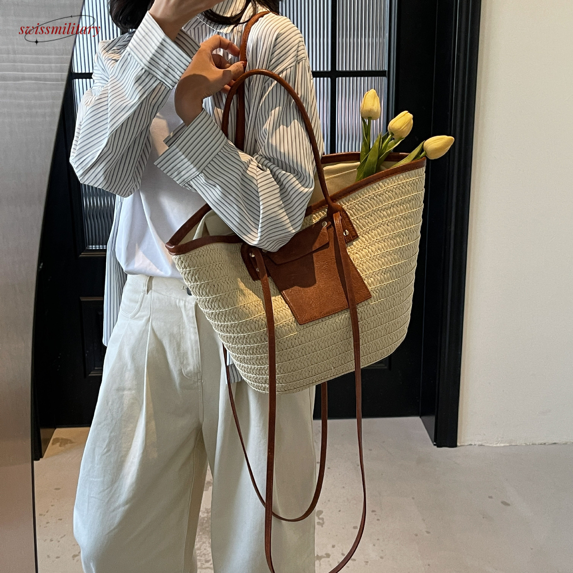 Large Capacity Handheld Straw 2025 fashion woman 2025 Summer New Woven Beach Vacation Shoulder Tote Bag #ddmyNov