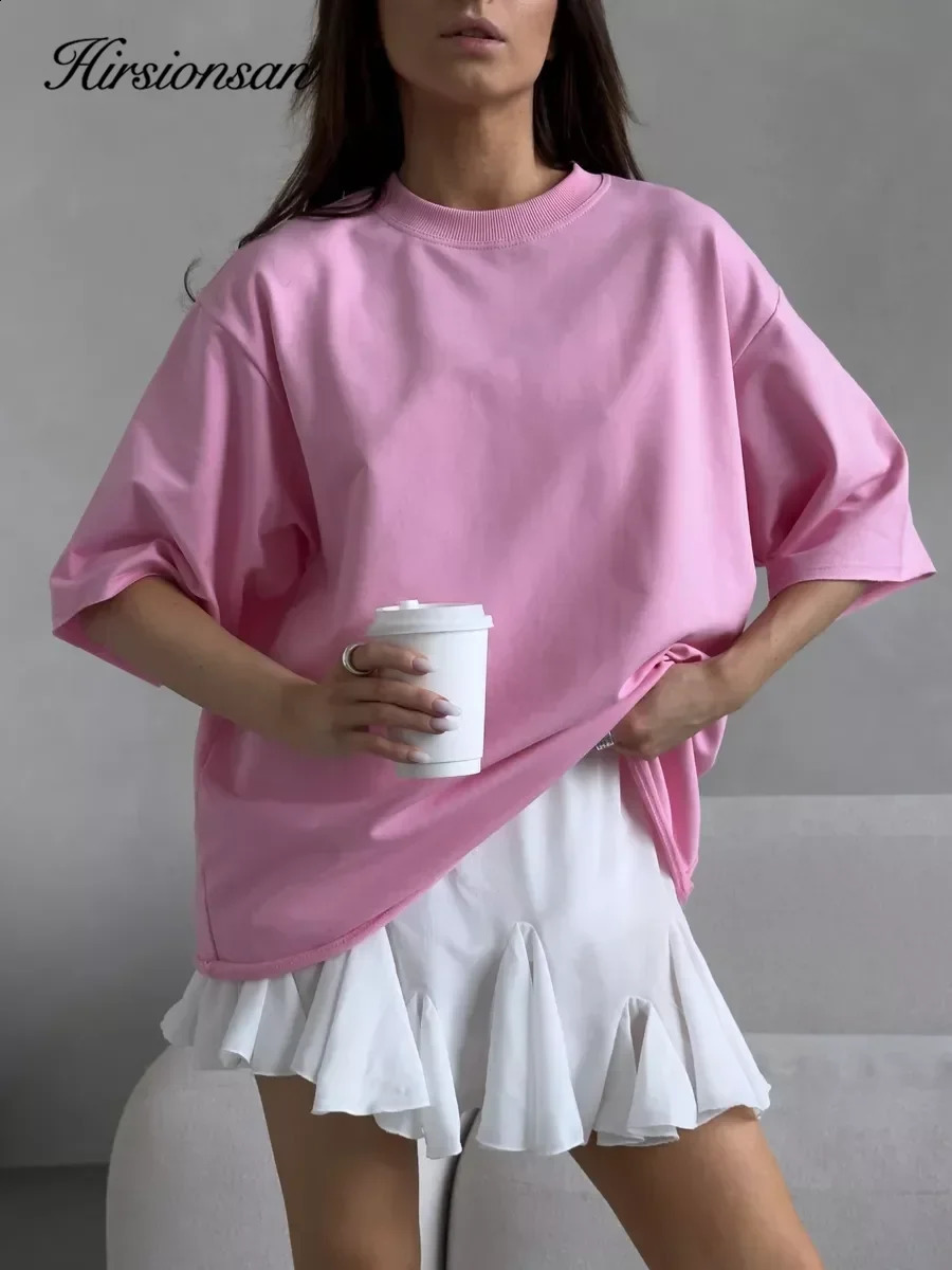 Hirsionsan Summer Casual Oversized T-shirts Women 100% Cotton Pink Loose Tees Cusual Solid O Neck Female Aesthetic Tops 250225