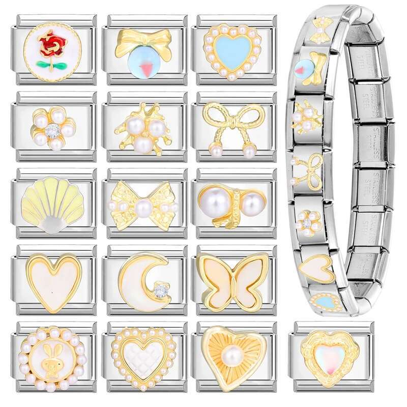 3D White Zircon Bow Moon Butterfly Shell Italian Charm ks Fit 9mm Stainless Steel Bracelet Beads Jewelry Diy Making gifts