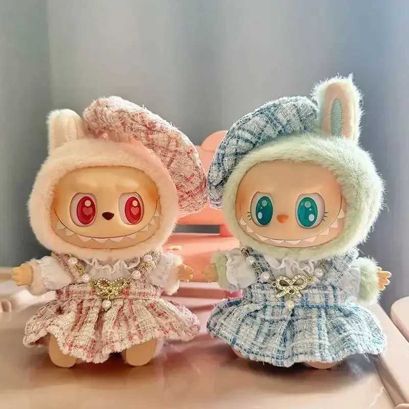 Mini DollS Clothes Outfit For 15-17cm Labubu V1 V2 Classic Grid style Dress Cloak Set With Pearl Element Beret Clothing W250301