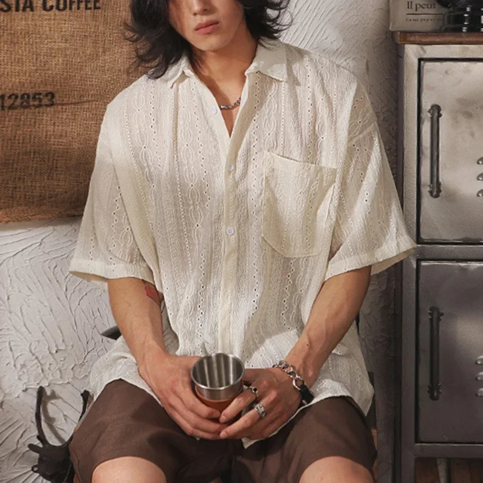 Mens Japanese Retro Loose Hollow Out Short Sleeve Draped Shirts Fashion Solid All-Match Tops Ruffian Casual Male Shirts Jacket 250224