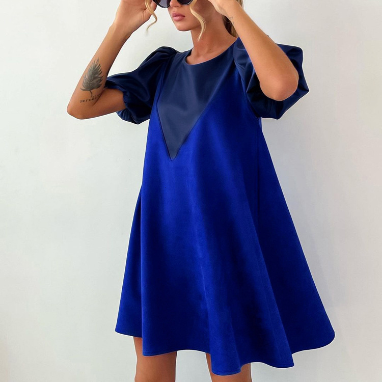 Feng New3 Spring Women's PU Leather Panel Design Feel Loose Solid Color Casual Short Sleeve Dress