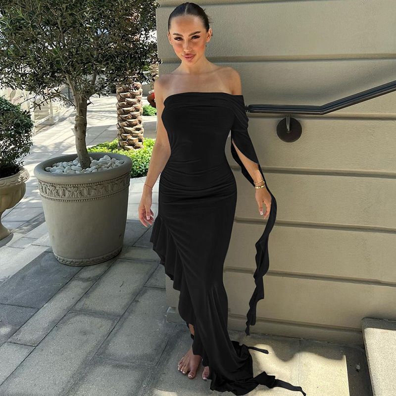 Women's New Summer New Fashion Personalized One Shoulder Pleated Solid Color Slim Fit Dress