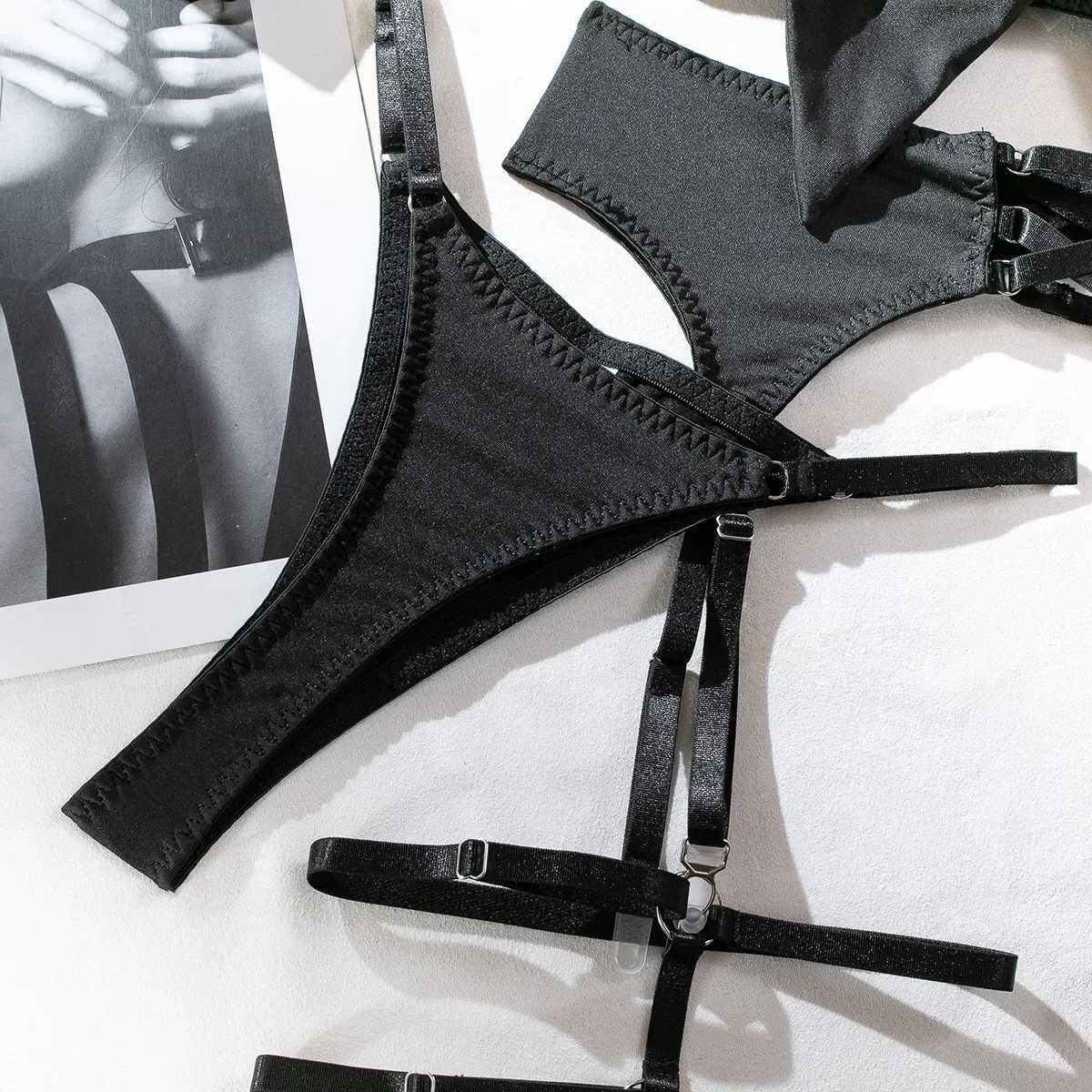 Sexy Hollow Out Bow Decor Lingerie Set Women Solid Exotic Apparel Suit Female Pure Desire Style Underwear with Garter and GlovesXJ250301