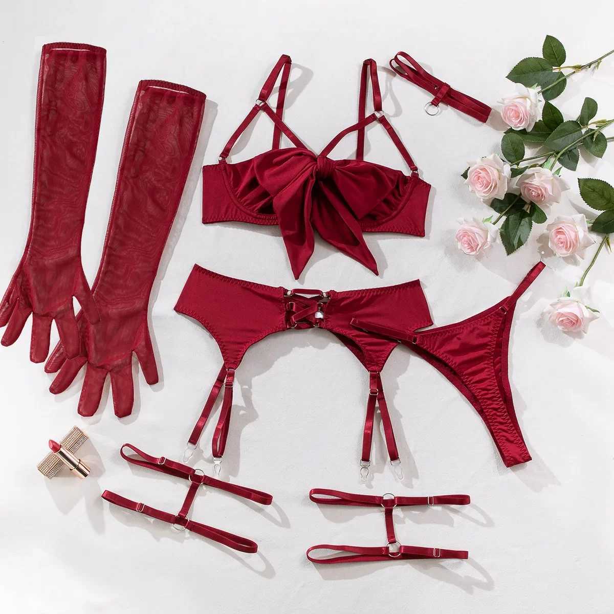 Sexy Hollow Out Bow Decor Lingerie Set Women Solid Exotic Apparel Suit Female Pure Desire Style Underwear with Garter and GlovesXJ250301