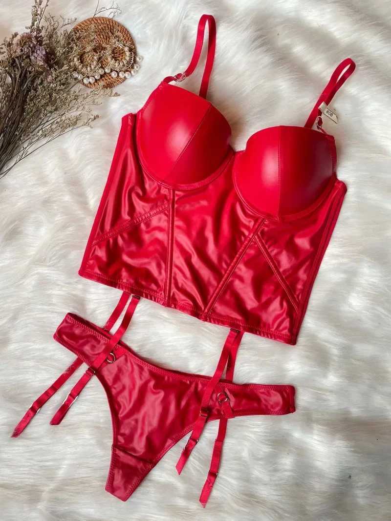 Sexy and Smooth Party Bra Underwear Set Leather Bone Shaped Body Shape Waist Underwear Set Red BraXJ250301