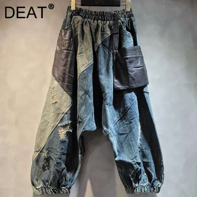 DEAT Women's Fashion Patchwork Elastic Waist Pocket Jeans Loose High Street Denim Trousers Female Trend 2024 Winter New 11A01760