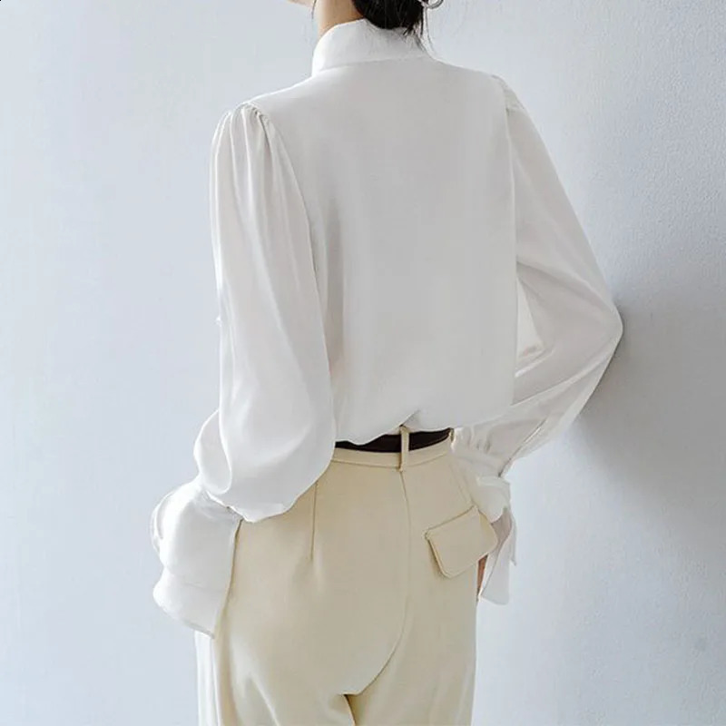 Solid Color Ruffles Long Sleeve Shirts Women Spring Vintage Elegant Patchwork Stand Collar Flare Sleeve Pleated Sweet Blouse 250225