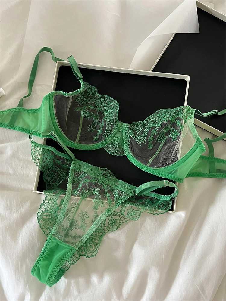 Women Green Lace Underwire Exotic Sets Sexy Sensual Brassiere Lingerie Set Underwear Set Perspective Bralette Bra and Panty SetXJ250301