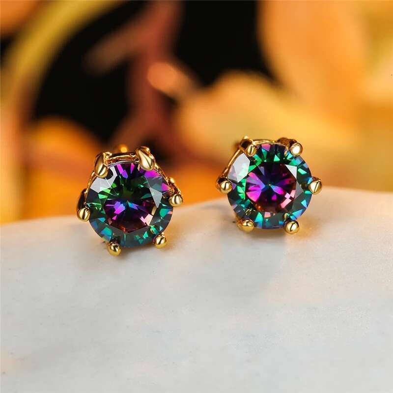 Punk Male Female Rainbow Crystal Stud Earrings Black Gold Sier Color Wedding Jewelry For Women Men Charm Round Zircon Earring
