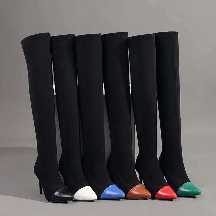 Sexy Stretch Fabric Patchwork Pointed Toe Thigh Slip On Stiletto High Heels Elastic Over The Knee Sock Boots Shoes