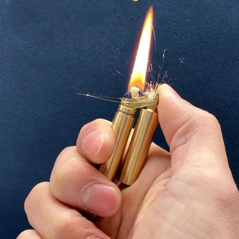 New Brass Kerosene Nunchakus Lighters Windproof Mini Retro Grinding Wheel Ignition Flint Free Fire Men Smoking Toy Gift X250228