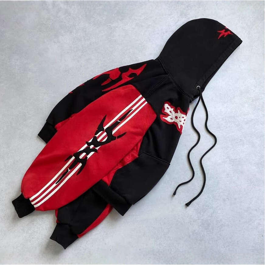 High street contrasting American ins style autumn patchwork hooded sweatshirt for men and women loose top