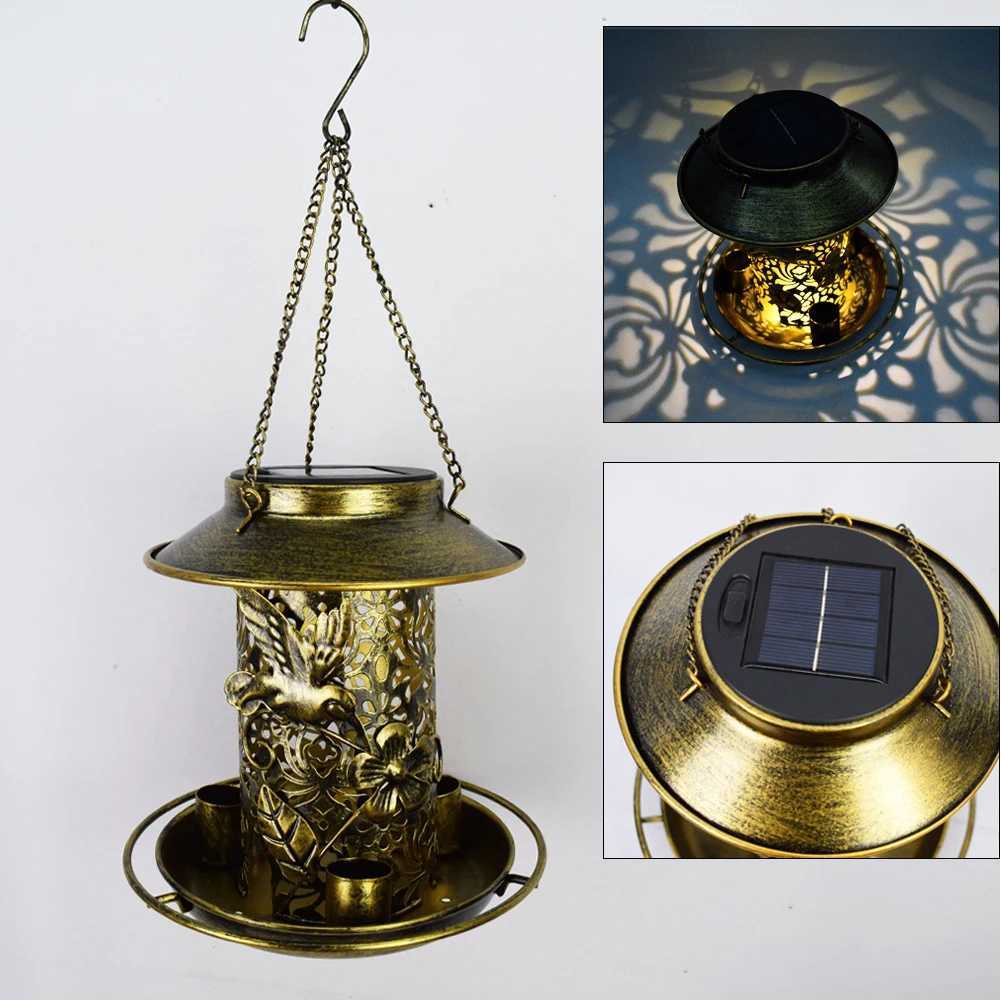 Solar Energy Bird Feeder Waterproof Solar Light Wild Hanging Bronze Metal Tray Solar Lantern for Outdoors Garden Tree DecorationC250301