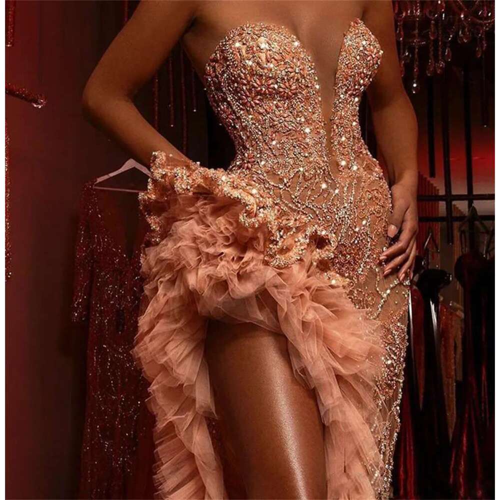 2024 Sexy High Slit Champagne Mermaid Party Dresses Bright Beaded Ruffles Sweetheart Arabic Formal Evening Occasion Dress