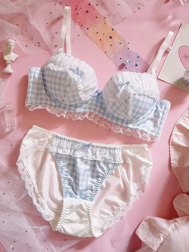 Japanese lingerie cute girl sweet blue black white bubble gum with steel rims thin and large apron bra setXJ250301
